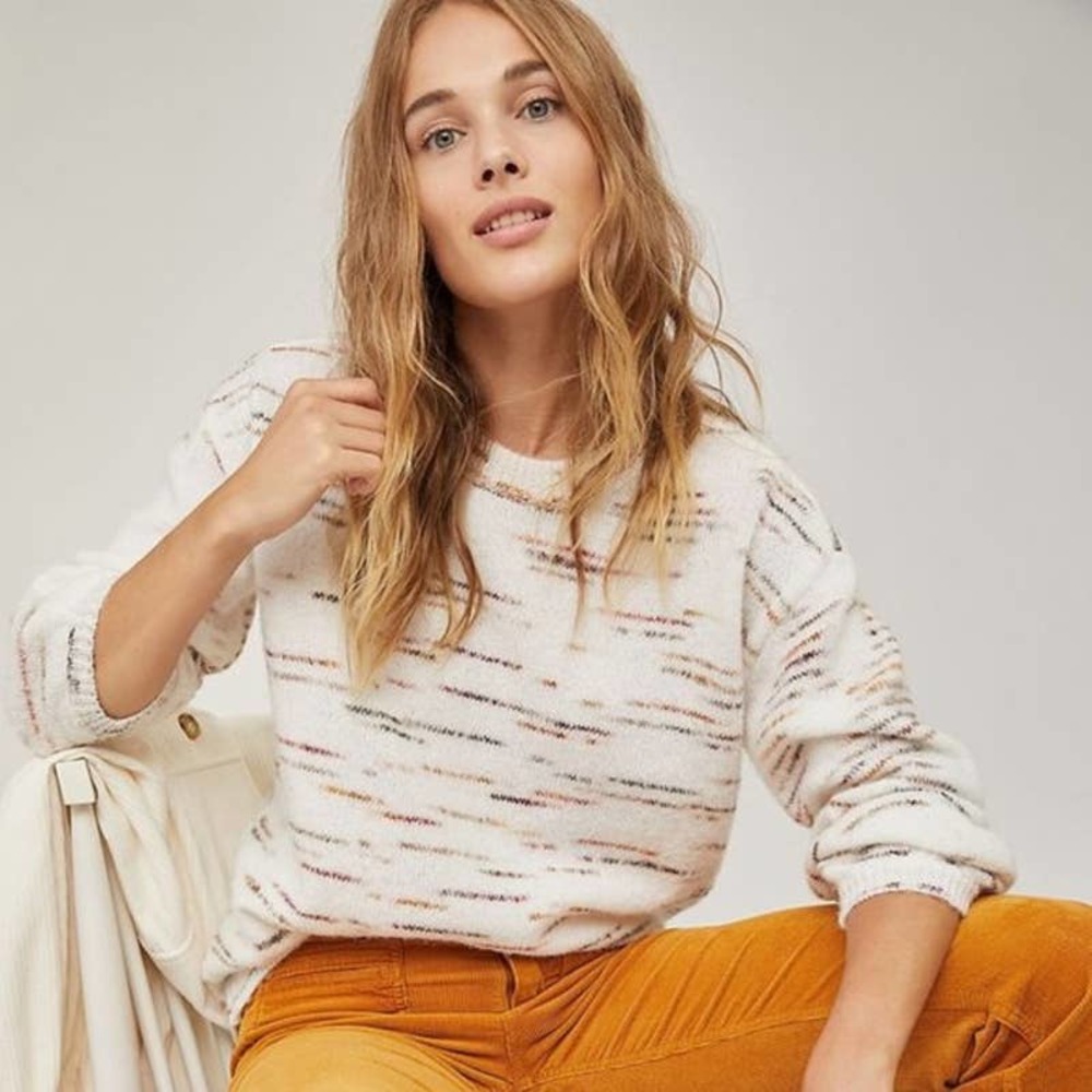 Anthropologie Renee Marled Neutral Puff Sweater Space Dye Multicolor